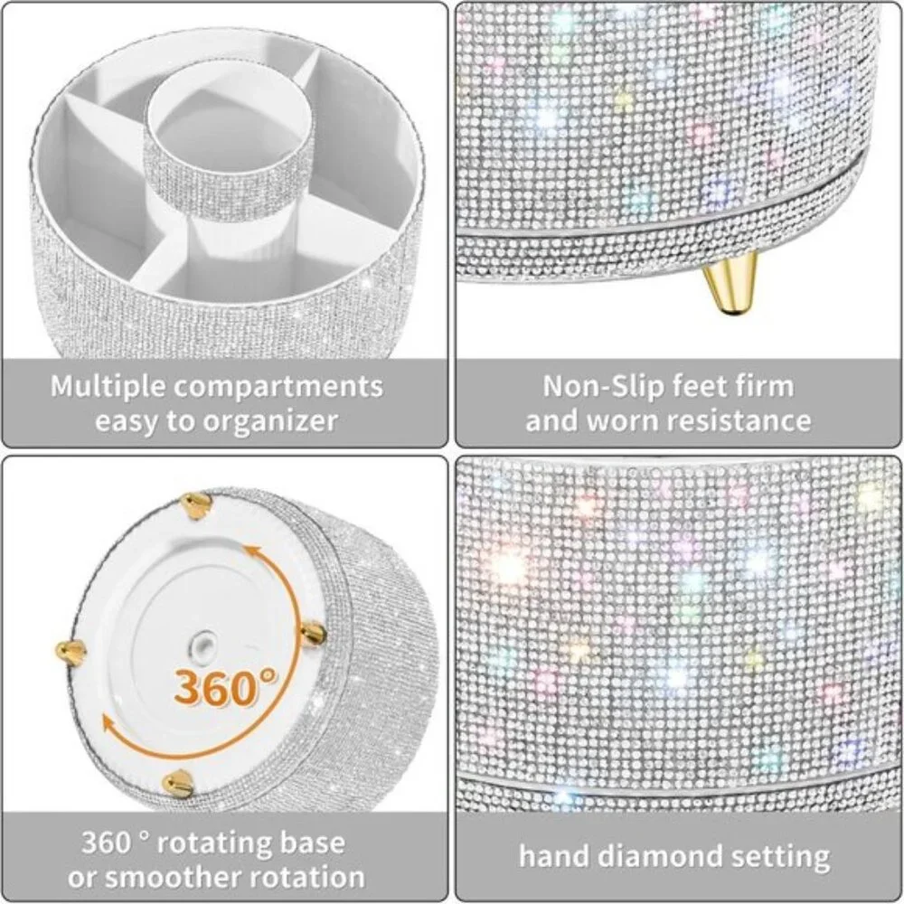 New Bling Diamond Makeup Brush Holder, 360° Rotating Organizer with 5 Slots